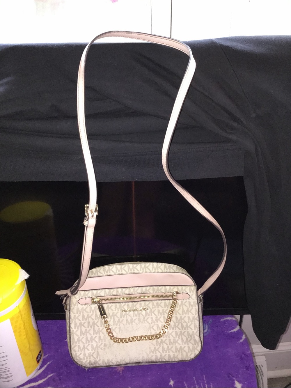 Michael Kors Beige Signature Crossbody with Pink Trim and Gold Hardware